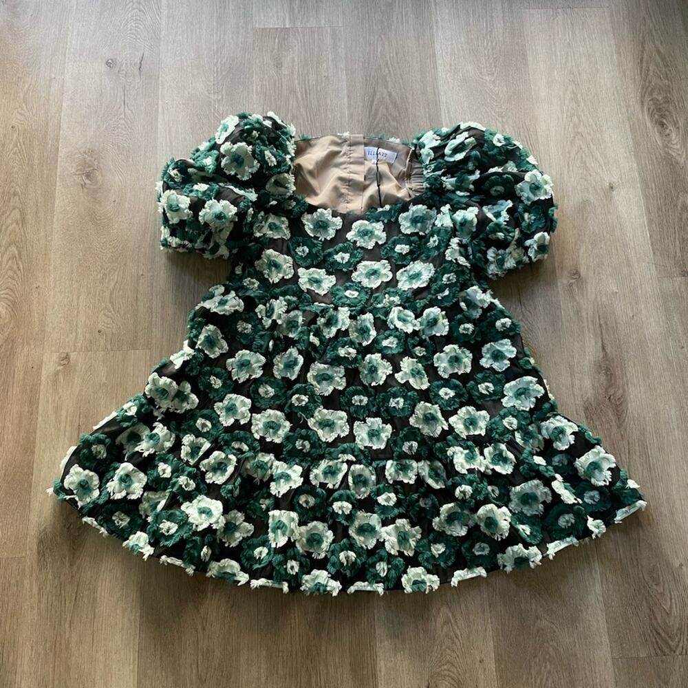 elliatt helene green 3d flower applique fit & flare babydoll mini dress small
